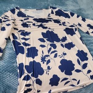 Floral Pintuck Long Sleeve Top in Blue and White